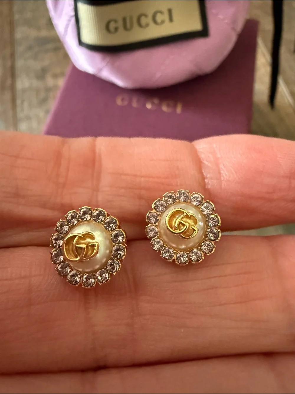 Gucci Gold and Pearl Crystal Halo Stud Earrings